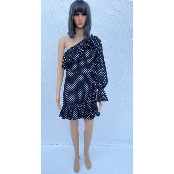 Nasty Gal Collection Womens Ruffle One Shoulder Polka Dot Dress Black Sz 4 - Picture 1 of 9